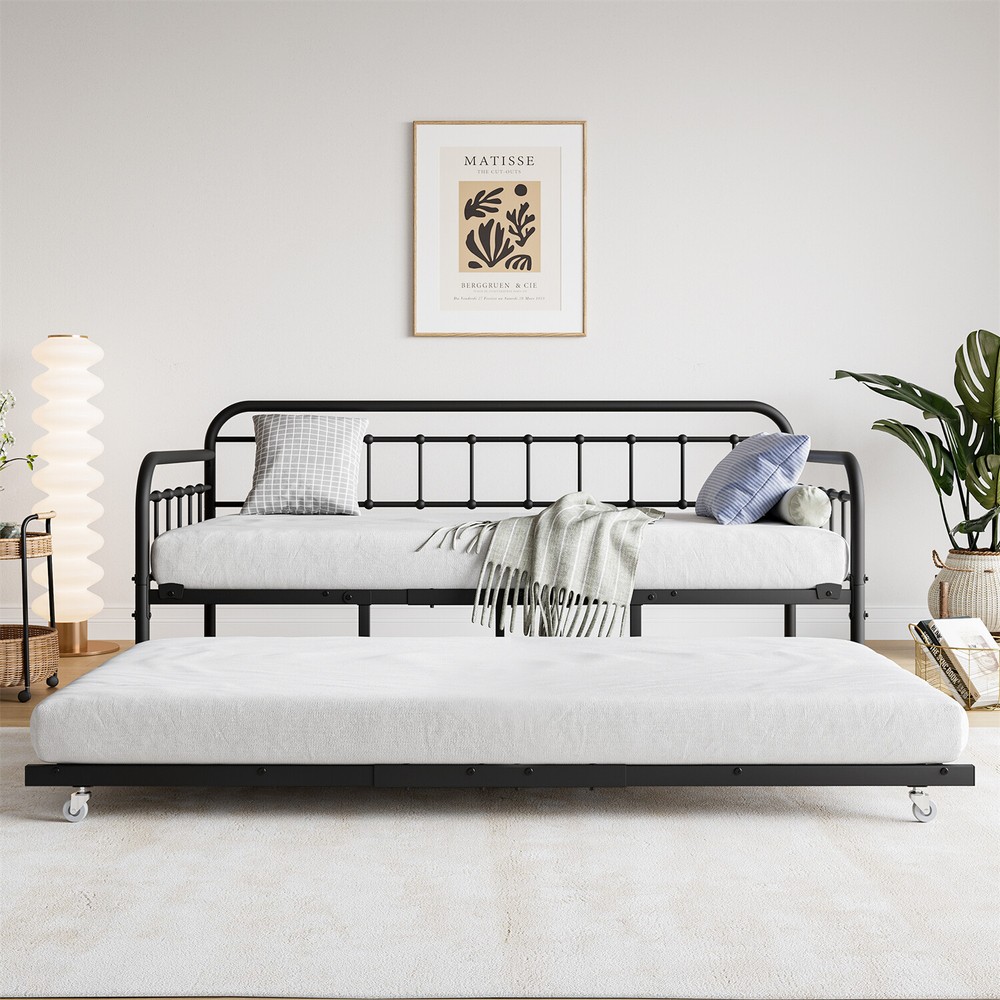 Twin Size Metal Daybed Bed Frame Sofa Bed w/ Pull Out Trundle Bed Black