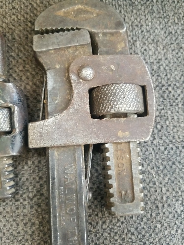 3 Antique Trimont Trimo Monkey Pipe Wrenches 10" & 14" Stillson Walworth