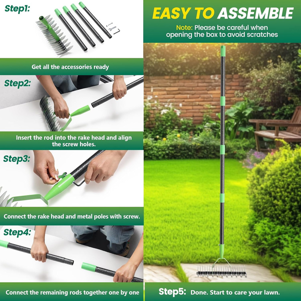 63” Thatch Rake Dethatcher Rakes for Lawns, Heavy Duty 21 Curved Double-Side Sha
