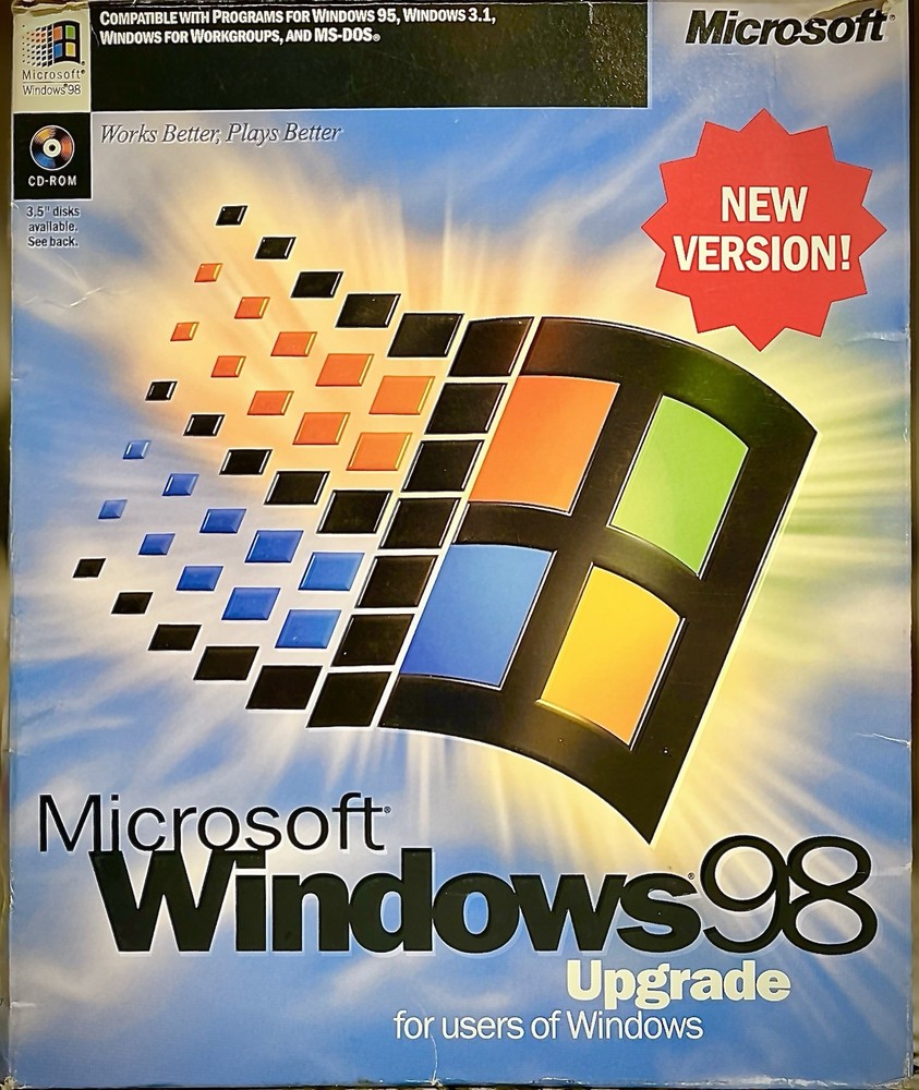 Windows 98 Compkete CD + Key + Boot 3.5 With Upgrade Disk + Box & Documents 100%
