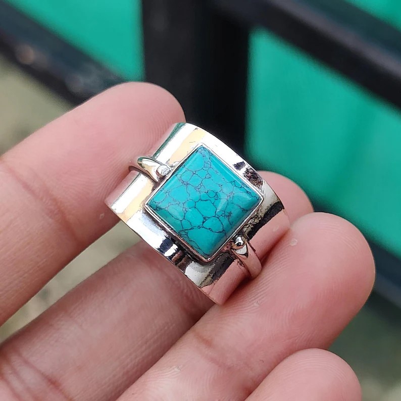 Solid 925 Sterling Silver Natural Turquoise Square Gemstone Wide Band Boho Ring