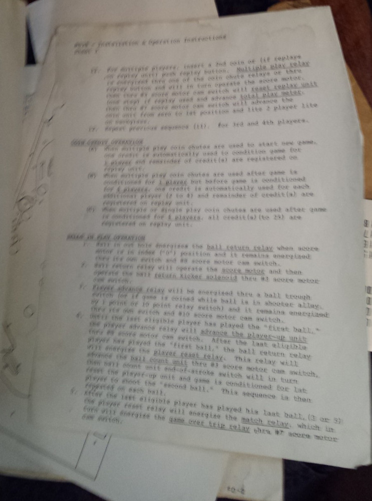 Gator Bally Pinball paperwork/instructions/part list/score unit switch chart