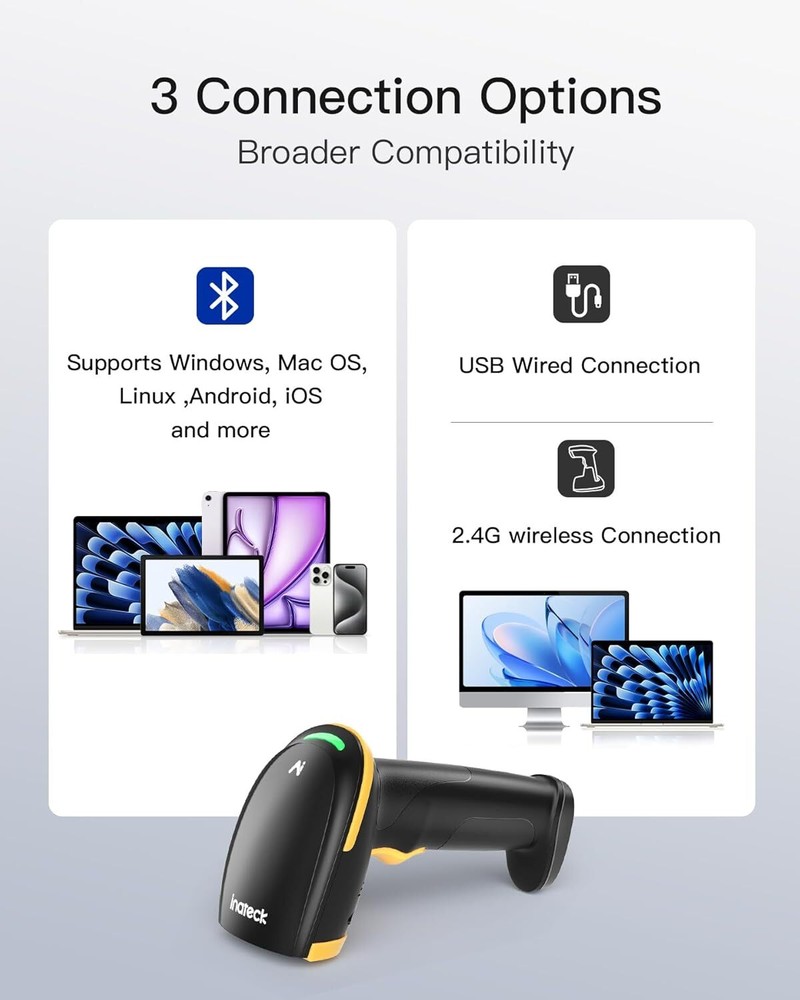 Inateck 2D Bluetooth Barcode Scanner AI Wireless QR Code W/ Smart Charging Base