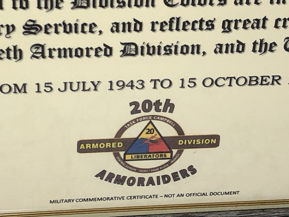 20TH ARMORED DIVISION / COMMEMORATIVE - CERTIFICATE OF COMMENDATION
