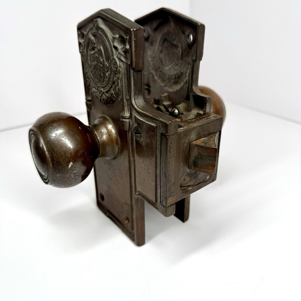 Vintage Cast Bronze Sargent Entry Door Lock Knobs Plate Lockset With Keys