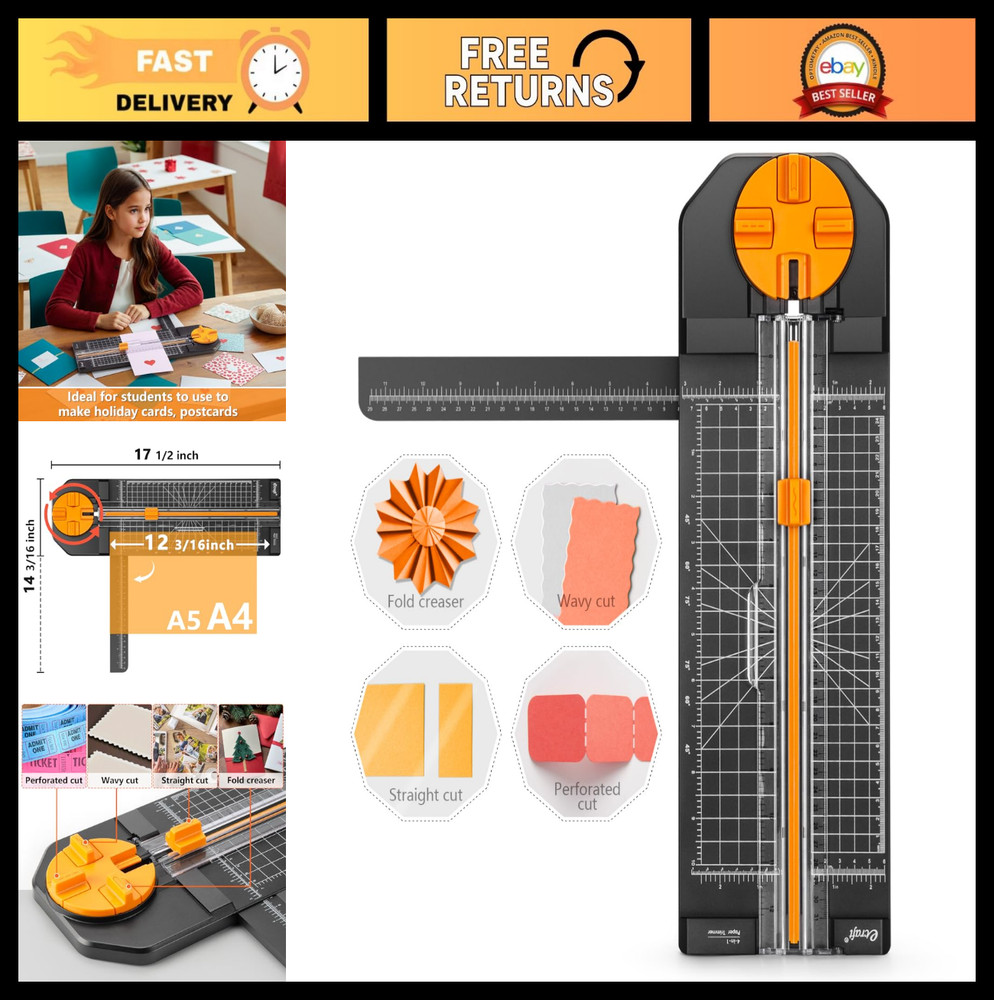 4-in-1 Paper Cutter 12" Trimmer - Multi-Function Scrapbooking Tool with Straight