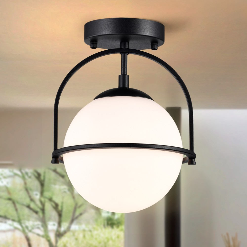 Flush Mount Globe Ceiling Light with Opal Glass Shade, Black E26 Base 1-Light