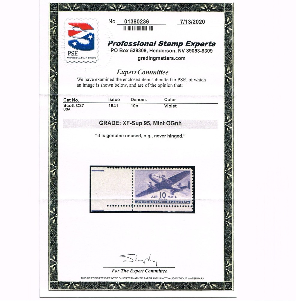 EXCEPTIONAL GENUINE SCOTT #C27 MINT PRISTINE OG NH PSE CERT GRADED XF-SUPERB-95