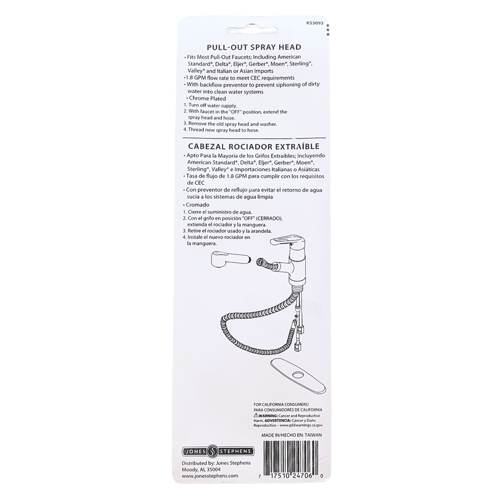 Jones Stephens Pull-Out Spray Head Chrome Plated K53093 Fits Most 1.8 GPM