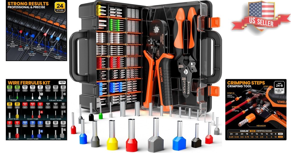 Complete Crimping Tool Kit: 24 Sizes Insulated Ferrules with Wire Stripper