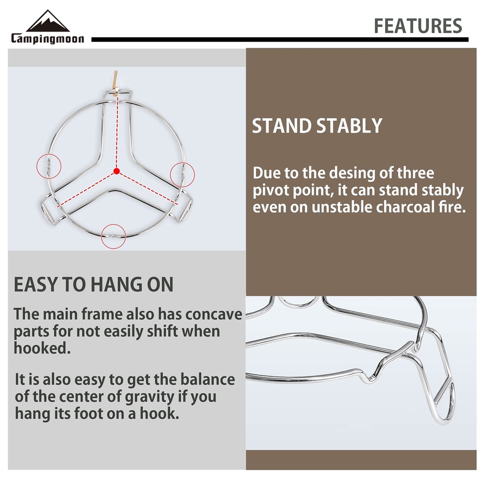 CAMPINGMOON Camping Campfire Trivet Cooking Stand Open Fire Tripod MS-69 Stai...