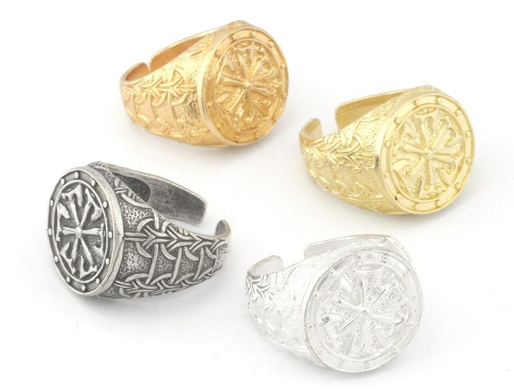 Battle Axe Round Signet Adjustable Ring Raw Brass,Silver,Shiny silver-gold 4737