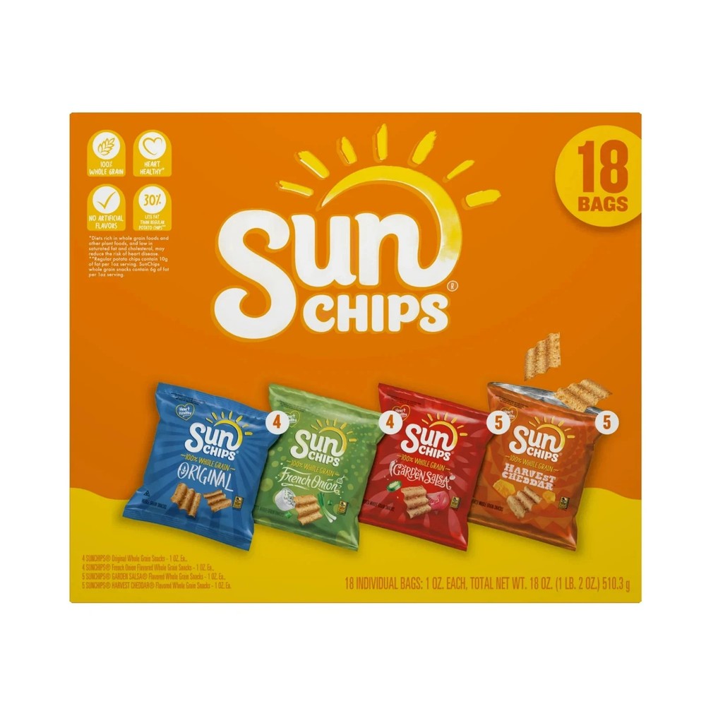 SunChips 100% Whole Grain Snacks, 4 Flavor Variety Pack, 1 oz, 18 Count..