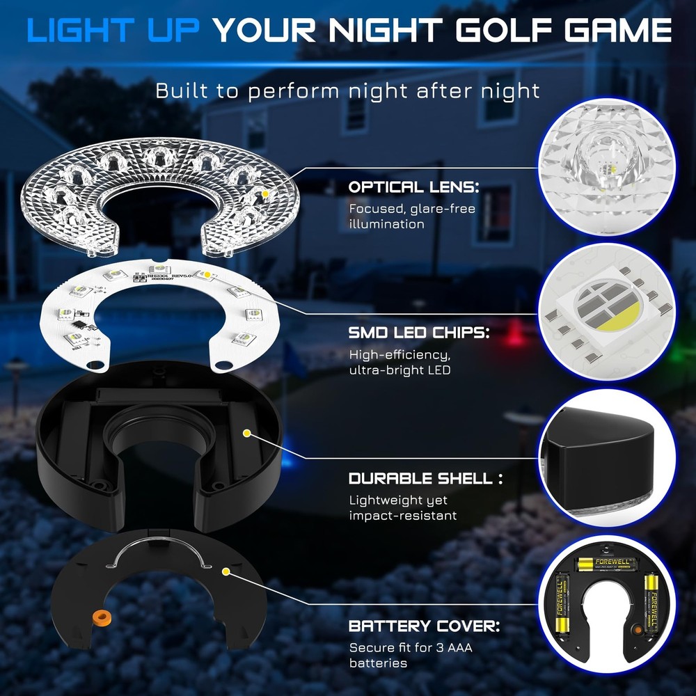 KINGTOP LED Golf Hole Lights (6-Pack) - Battery Powered- RGB- C Shape- 6Pack