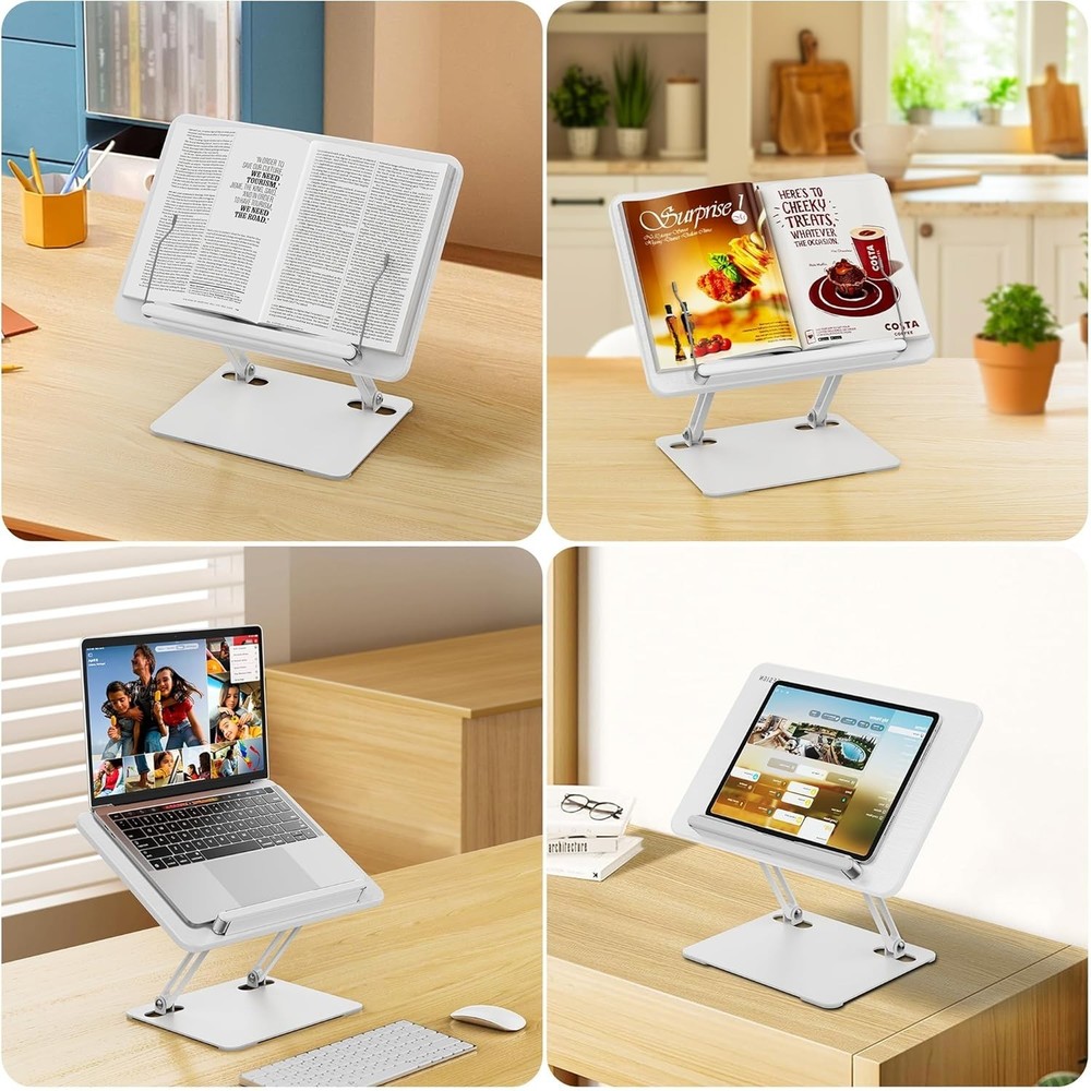 Book Stand for Reading, Adjustable Book Holder, Ergonomic Laptop Stand - White