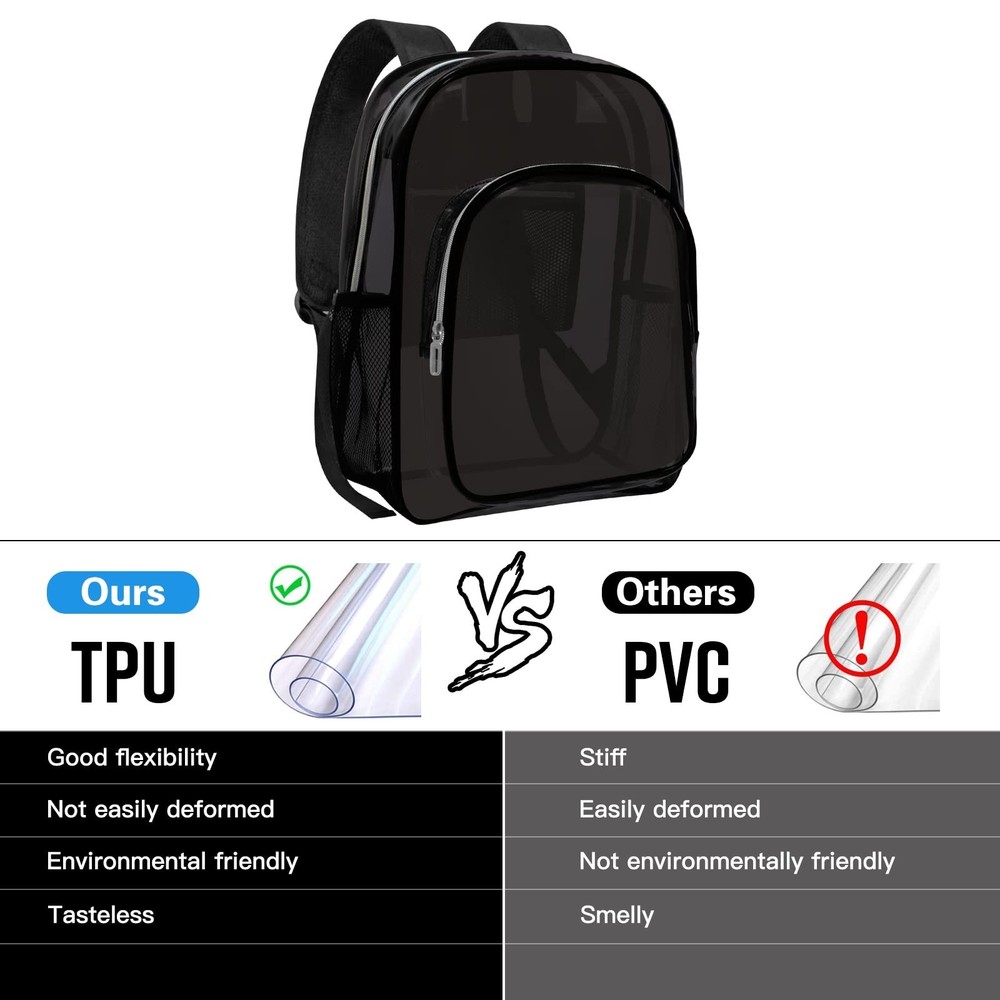 Clear Backpack Heavy Duty Transparent Backpack for Security Travel Work (Black)