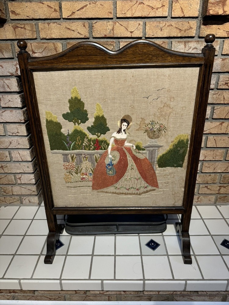 Needlepoint  Fireplace Wood Frame Screen, Victorian Theme.