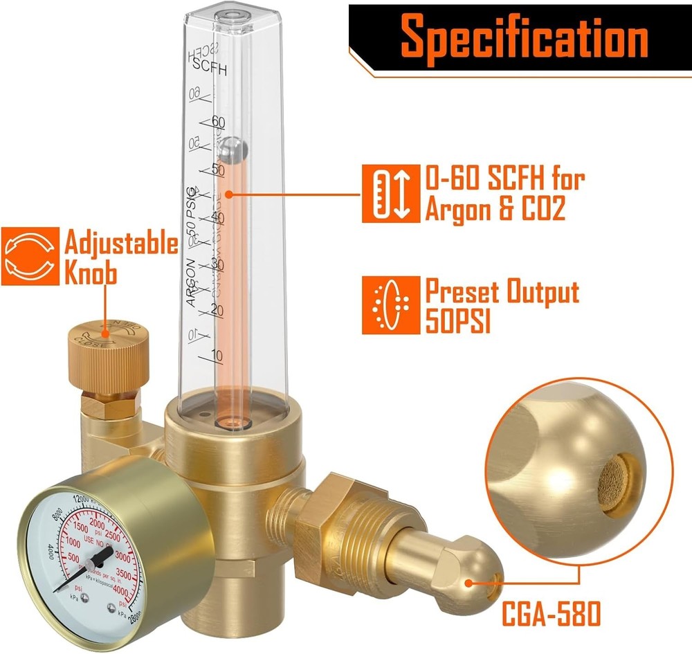 Precision Argon/CO2 Welding Regulator with Adjustable Flow & Pressure Gauge