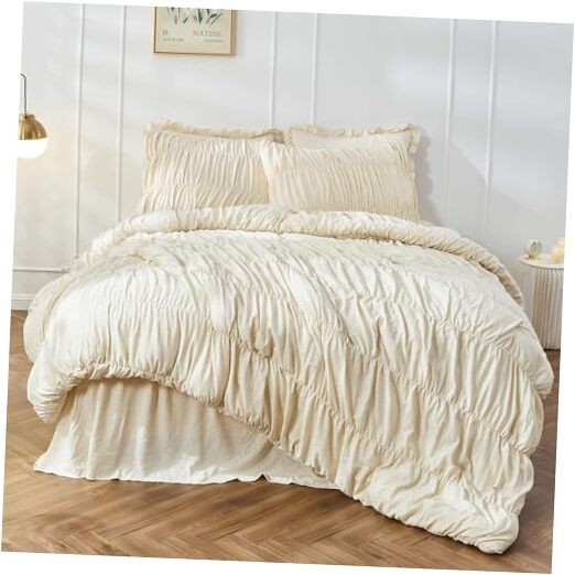 Comforter Set - Ruched Comforter Size Bed Set Boho Shabby Chic Queen Wheat