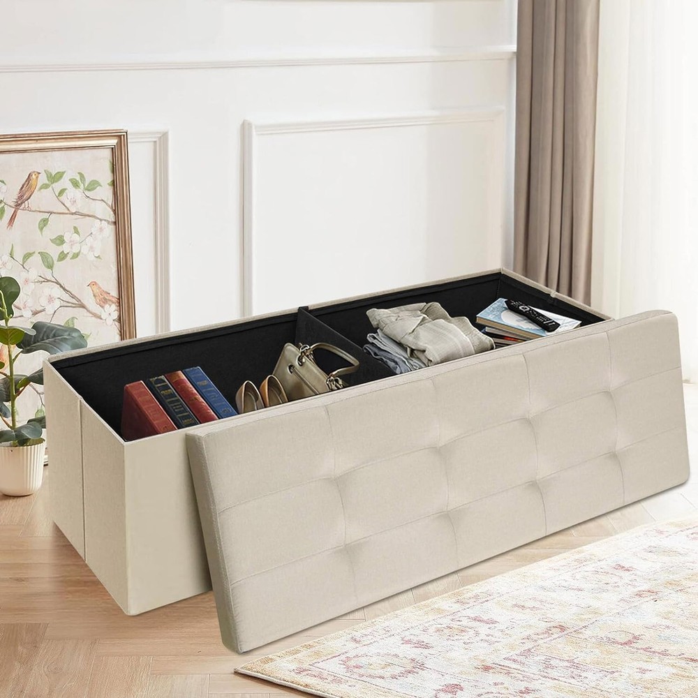 Storage Ottoman Bench Folding Chest Footrest Stool MDF Frame Lid Cream 43"