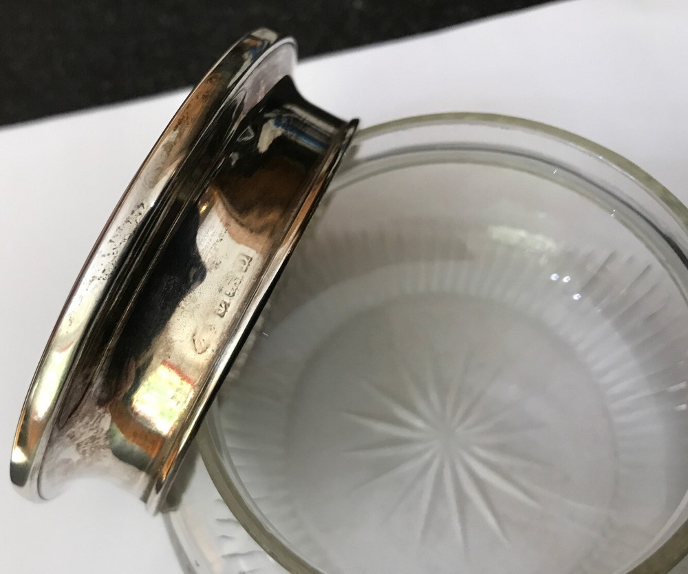 HM Hallmarked Solid Sterling Silver Glass Engine Turned Dressing Table Pot Box