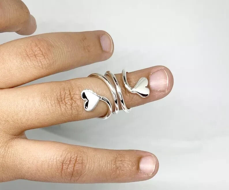 Solid 925 Sterling Silver Two Heart Mallet Finger Ring Splint Ring All Size DJ