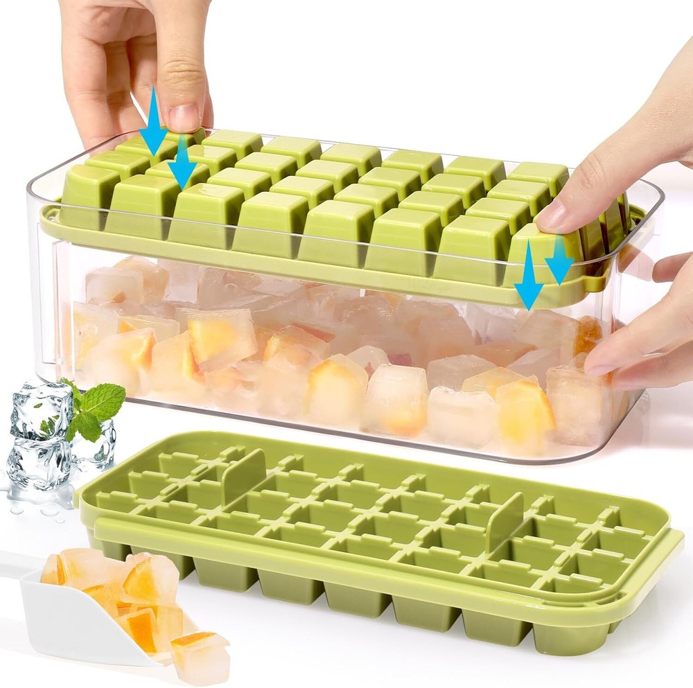 2 Pack Ice Cube Trays with Lid & Bin 64 Ice Cubes for Freezer Storage