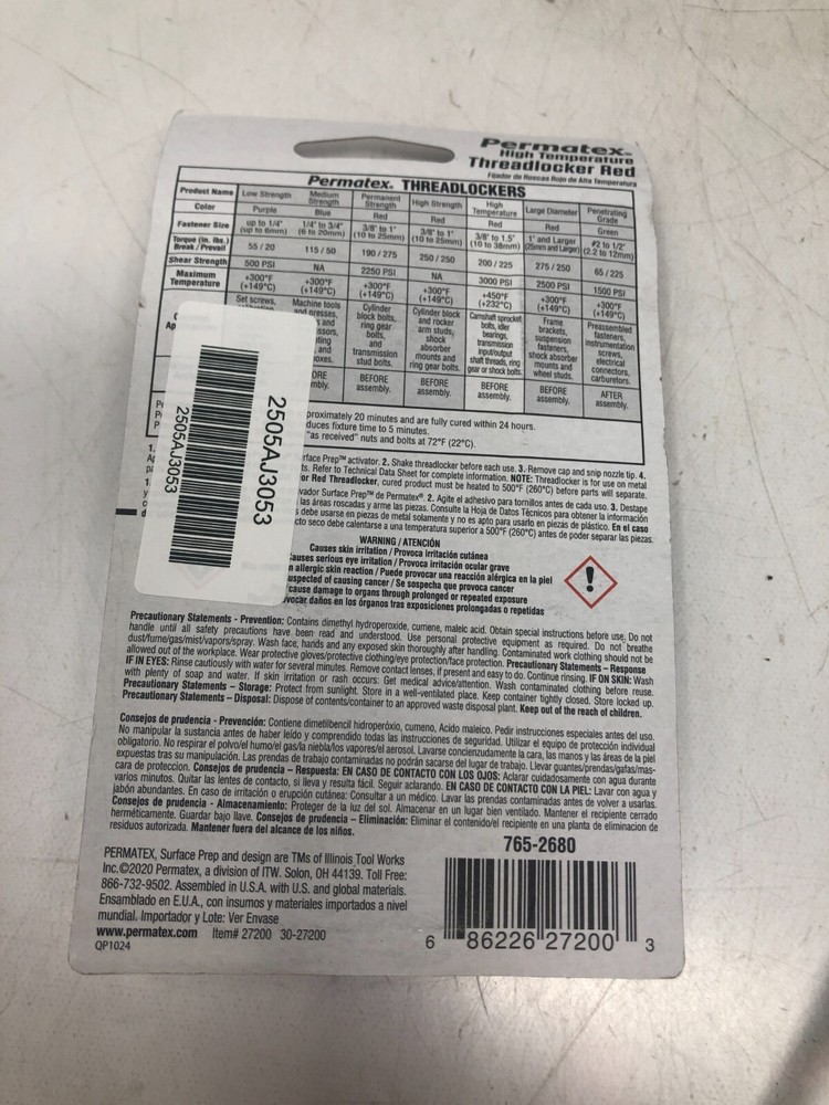 Permatex 27200 Hiigh Temperature ThreadLocker Red 10ml