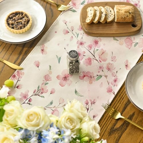Floral Cherry Blossoms Branches Summer Table 13" x 72", Table Runner Pink
