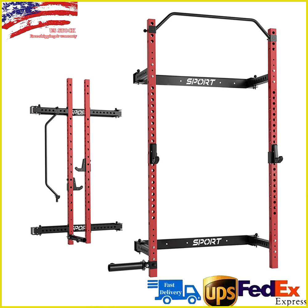 Multi-Function Folding Squat Rack 1000LBS Capacity Wall Mounted with Pull Up Bar