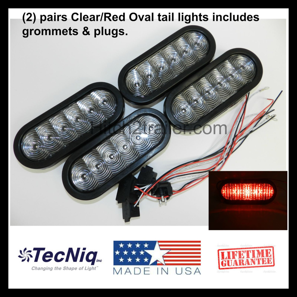 (4) Trailer Truck LED Sealed CLEAR/ RED 6" Oval Stop/Turn/Tail Light Made in USA