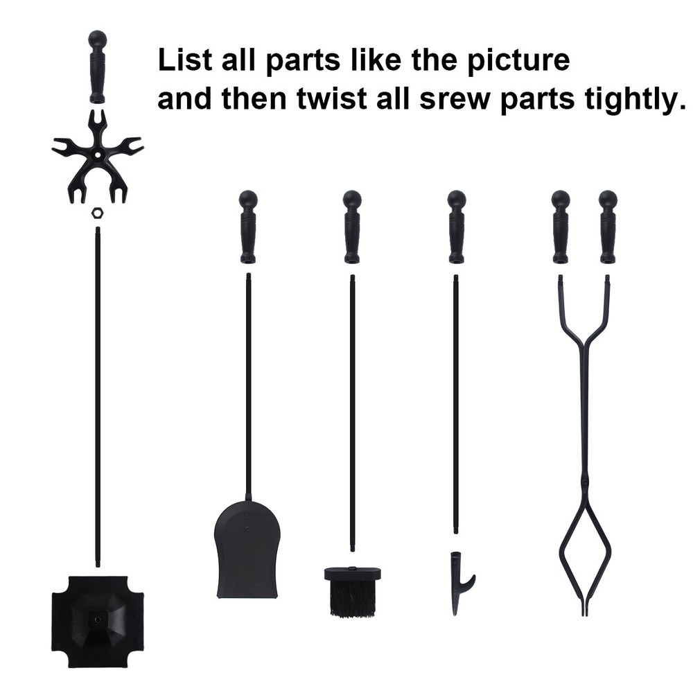 5Pcs Fireplace Tools Set Wrought Iron Fire Place Accessories Tools with Handles