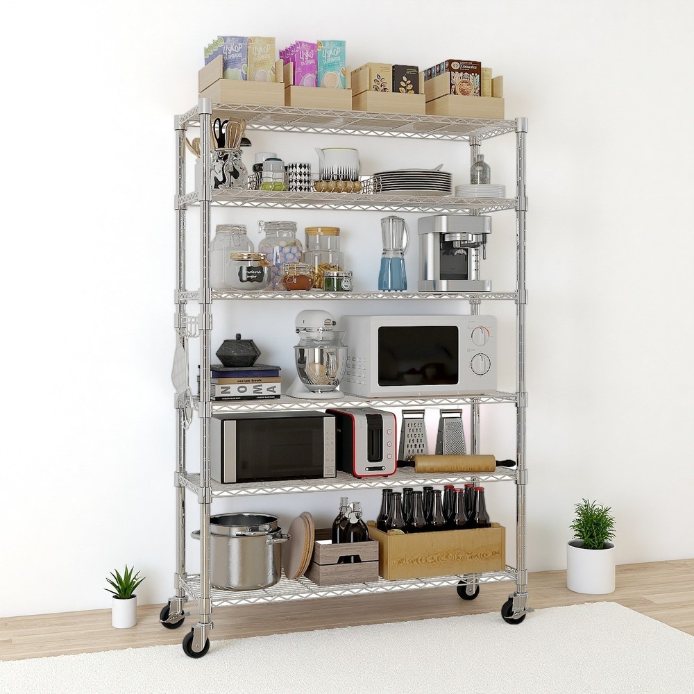 6-Tier Rolling Wire Shelving Unit - Heavy Duty, Adjustable, Hooks & Silver