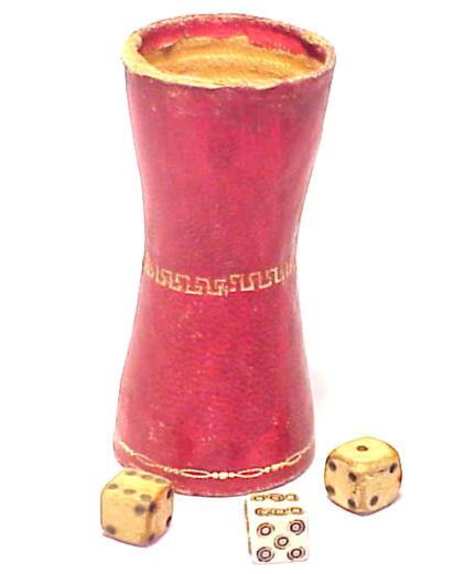 Old Red Cardboard DICE CUP & 3 Hand Made DICE