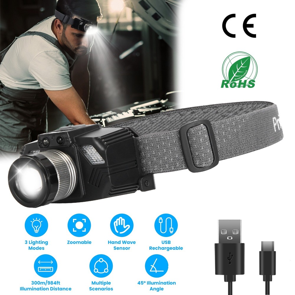 Zoomable Rechargeable LED Headlamp Outdoor Flashlight Headlight Motion Sensor