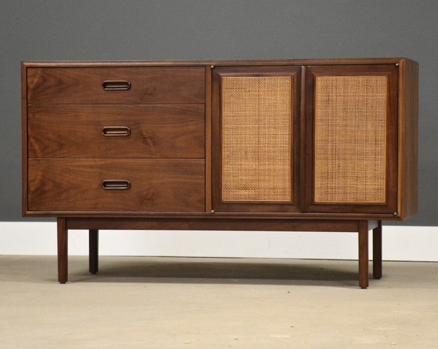 Refinished 52” Walnut and Cane Credenza by Founders