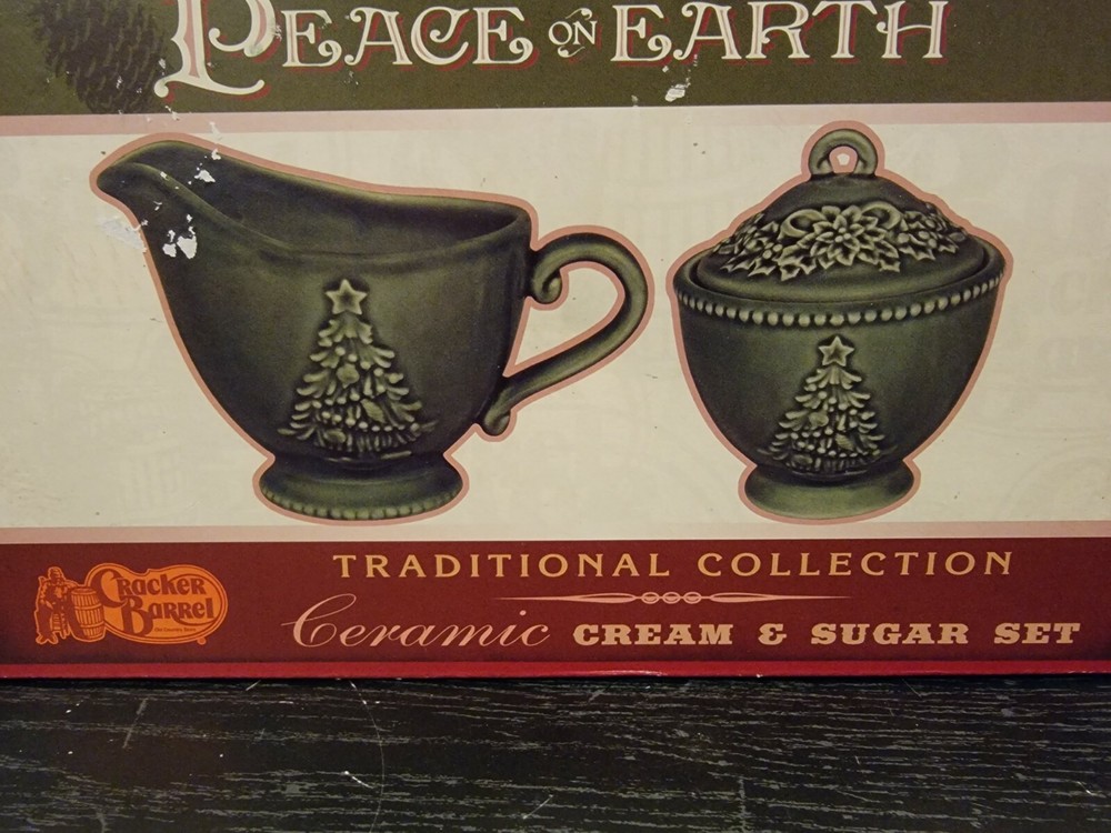 Cracker Barrel Peace On Earth Green Ceramic Cream & Sugar Set