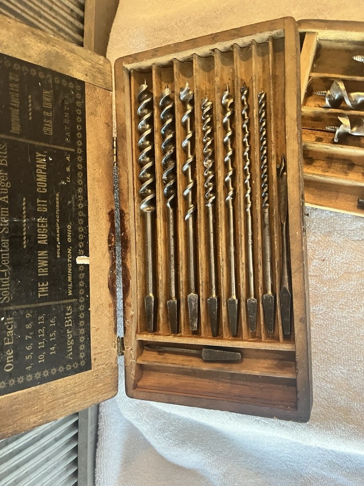 Set Vintage Irwin Brace Auger Drill Bits Tool Original Box. Nice Shape