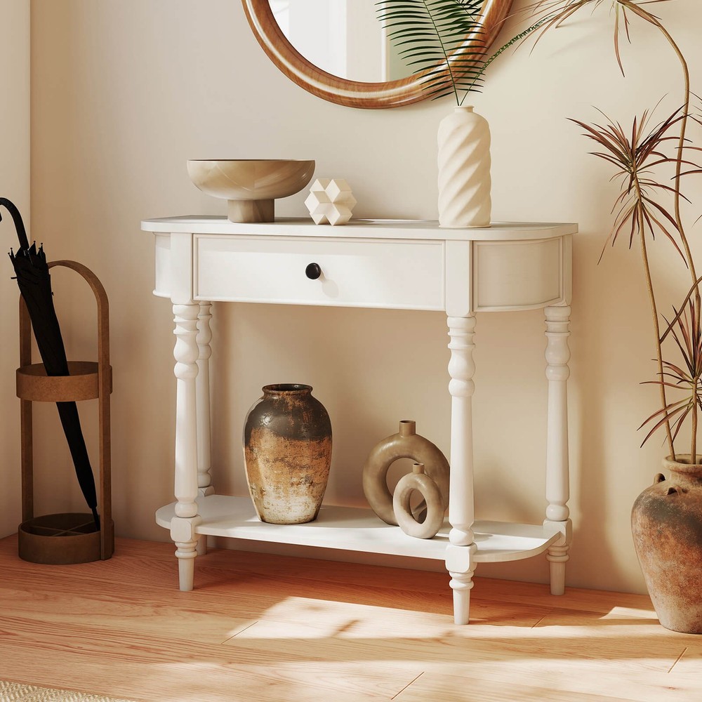 Retro Console Table 36"L Wooden Entryway Table with Storage Drawer & Open Shelf