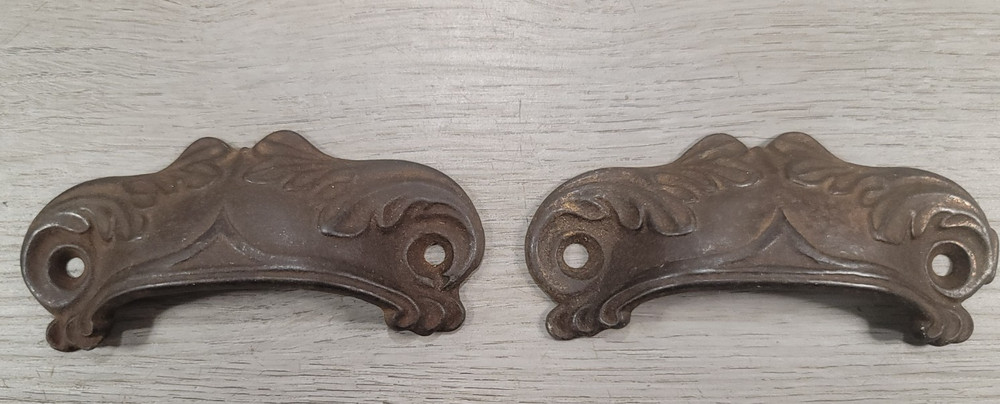 Antique Apothacary Bin Cabinet Drawer Handle Pull Cast Iron Cup Pair Dated 1868