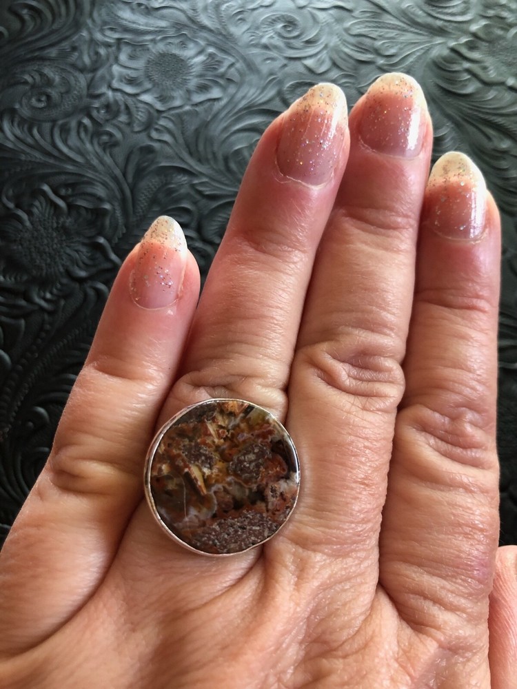 Red Agate Round Ring Shadow Bezel Size 6.5 Artisan Handmade