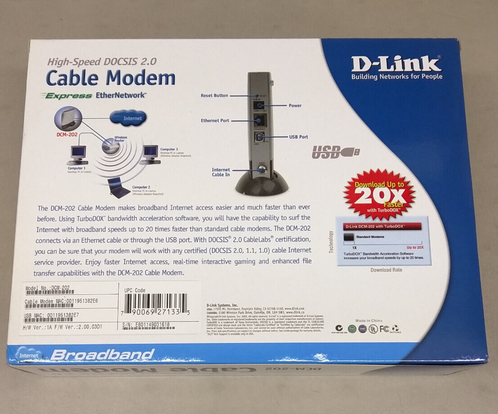 D-Link DCM-202 Cable Modem EUC Ethernet USB Stand CD-ROM