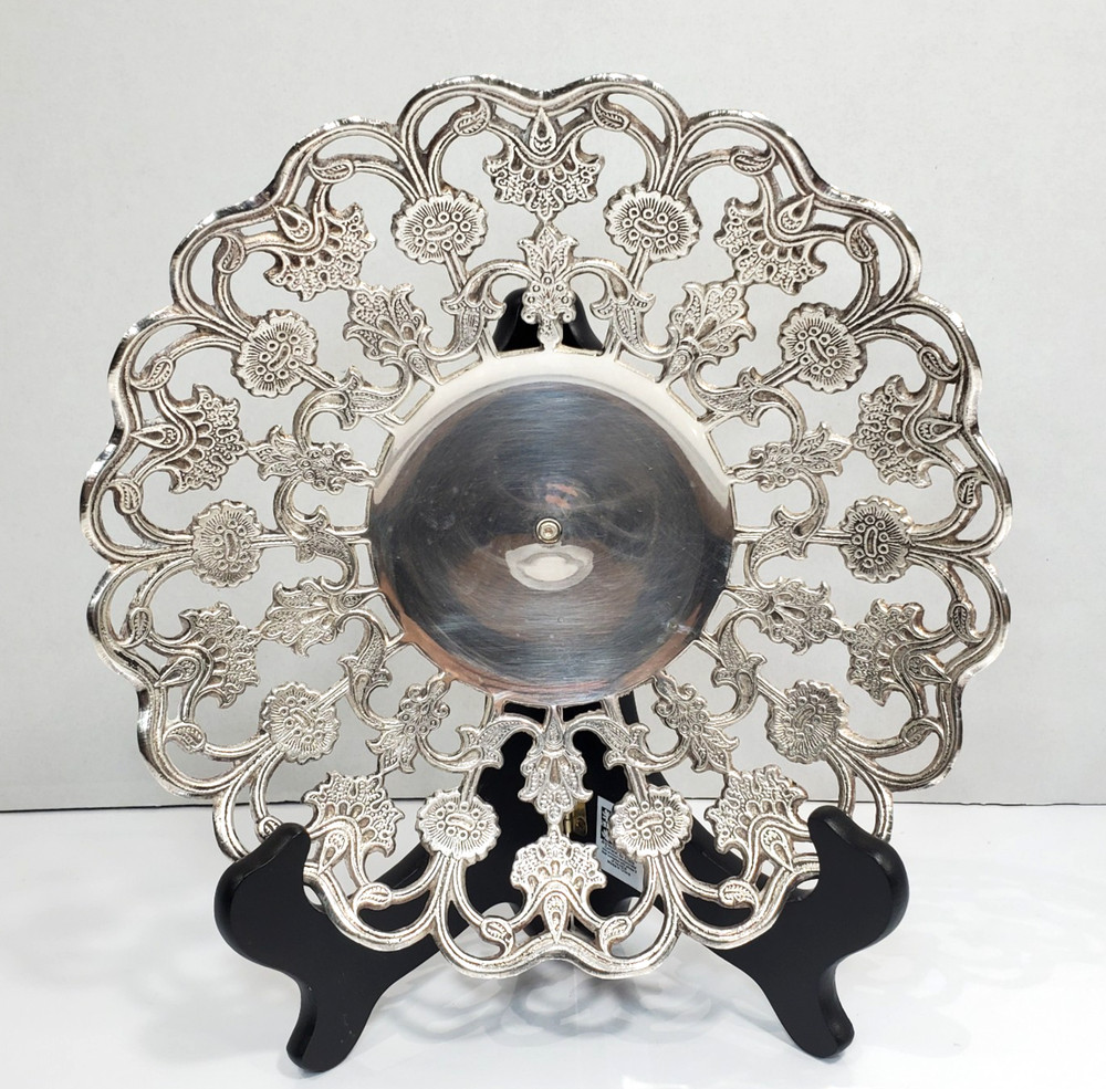 Silver Tone Tart Dessert Serving Dish Cutwork Pattern INDIA 9 1/4" READ