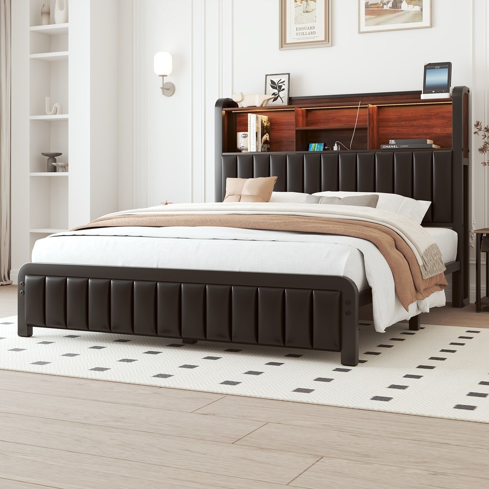 Queen Size LED Bed Frame with 3-Tier Storage Headboard＆Charging Station