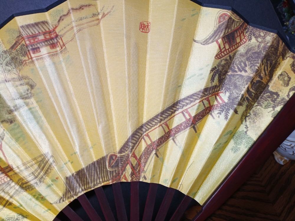 Asian Themed Fan Red Wood Handle