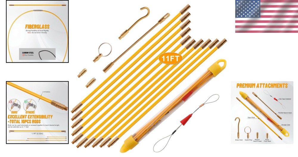 11FT Fiberglass Running Electrical Wire Cable Glow Rods Wire Pulling Tools Fi...