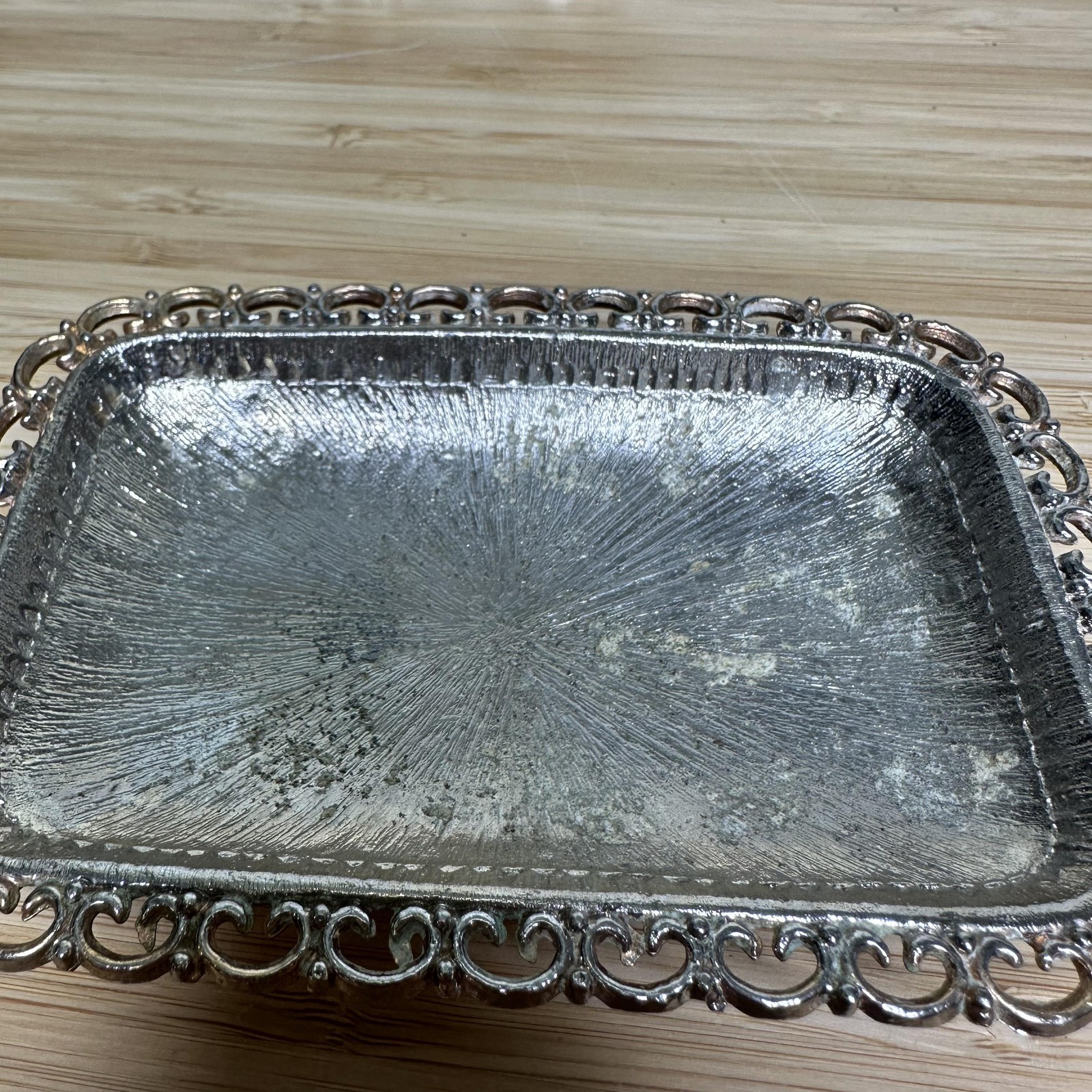 VTG Marly Silver Plated Small Footed Rectangular Soap Tray Pierce Rim Vanity