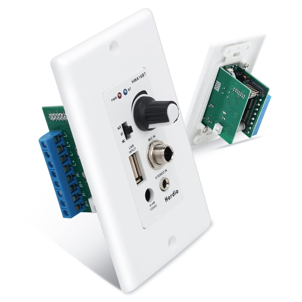 Herdio Bluetooth Wall Amplifier 4 Channels Volume Control Wall Plate USB/MIC/...