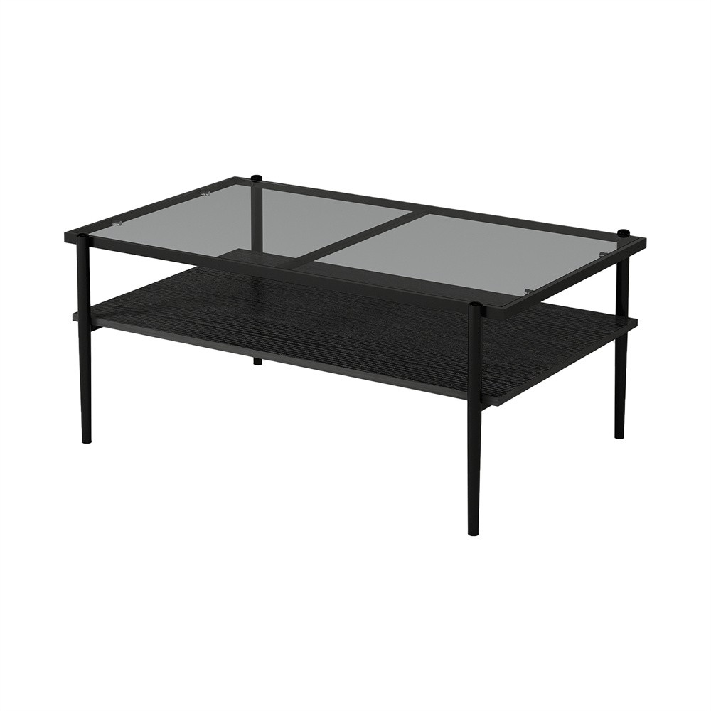 Bilayer Gray Tempered Glass Coffee Table Rectangular Home Deco Storage Shelf