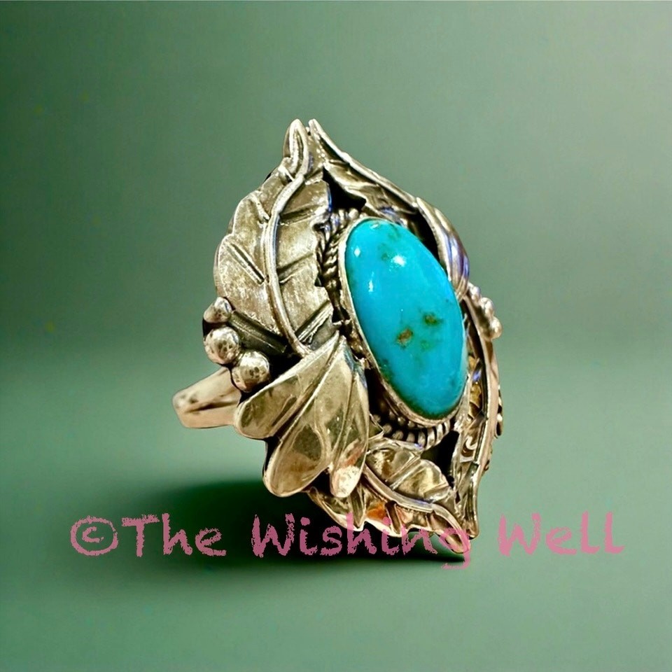 Kingman Turquoise Leaf Feather Statement Ring Size 8